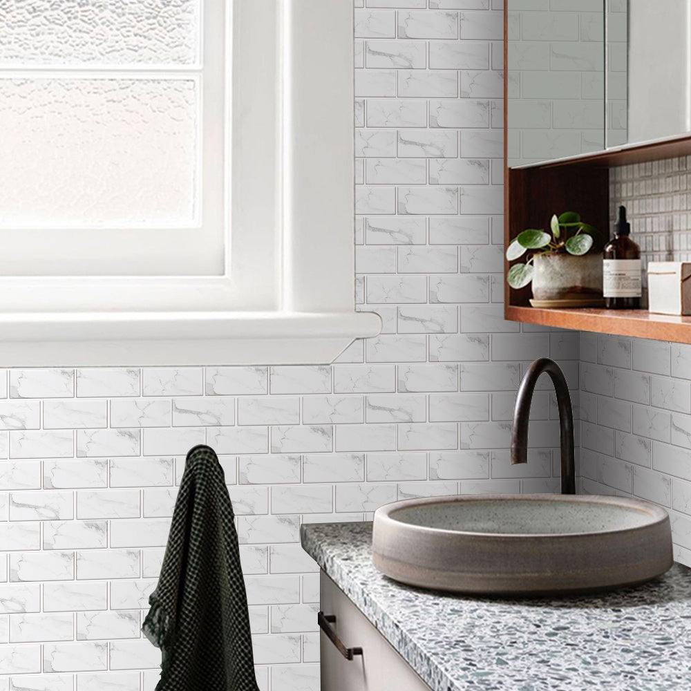 White Marble Look Peel And Stick Tiles Water And Oil Proof PVC Self Adhesive Tile Stickers Wall Stickers