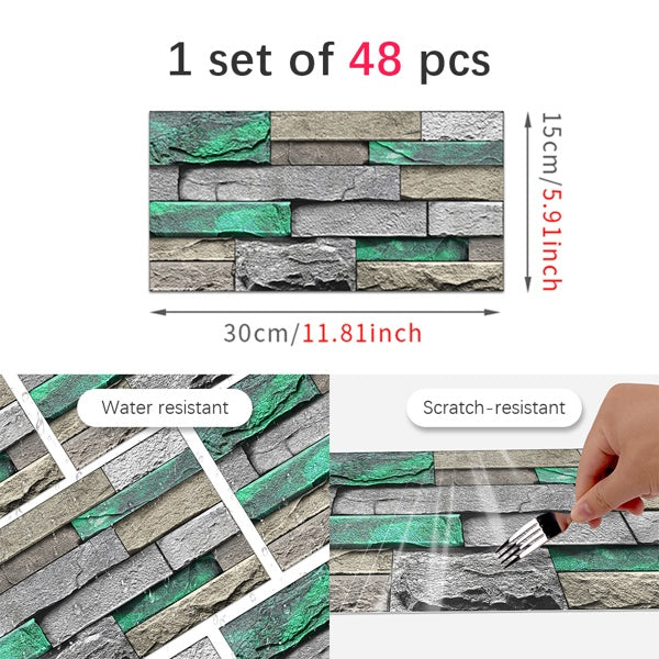 PVC Green Brick And Stone Pattern Self-adhesive Wallpaper, Removable Without Leaving Glue, Peel And Stick Wallpaper