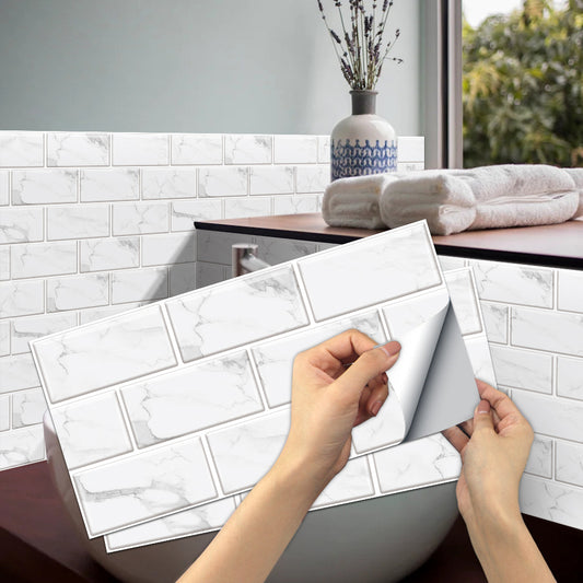 White Marble Look Peel And Stick Tiles Water And Oil Proof PVC Self Adhesive Tile Stickers Wall Stickers