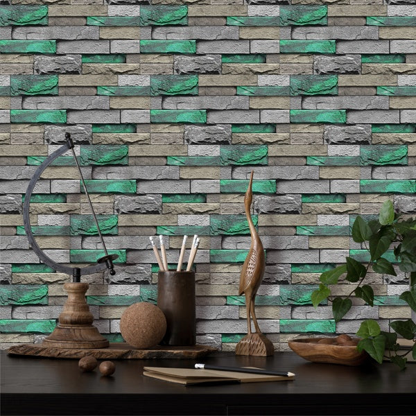 PVC Green Brick And Stone Pattern Self-adhesive Wallpaper, Removable Without Leaving Glue, Peel And Stick Wallpaper