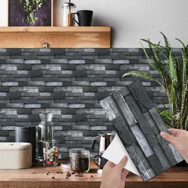Black Gray Stone Tile Peel And Stick Wallpaper Home Decoration Waterproof Self-Adhesive Wallpaper For Bathroom Kitchen Living Room Splash-proof Removable No Glue Required Easy To Install