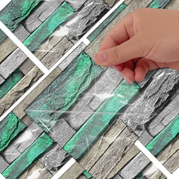 PVC Green Brick And Stone Pattern Self-adhesive Wallpaper, Removable Without Leaving Glue, Peel And Stick Wallpaper